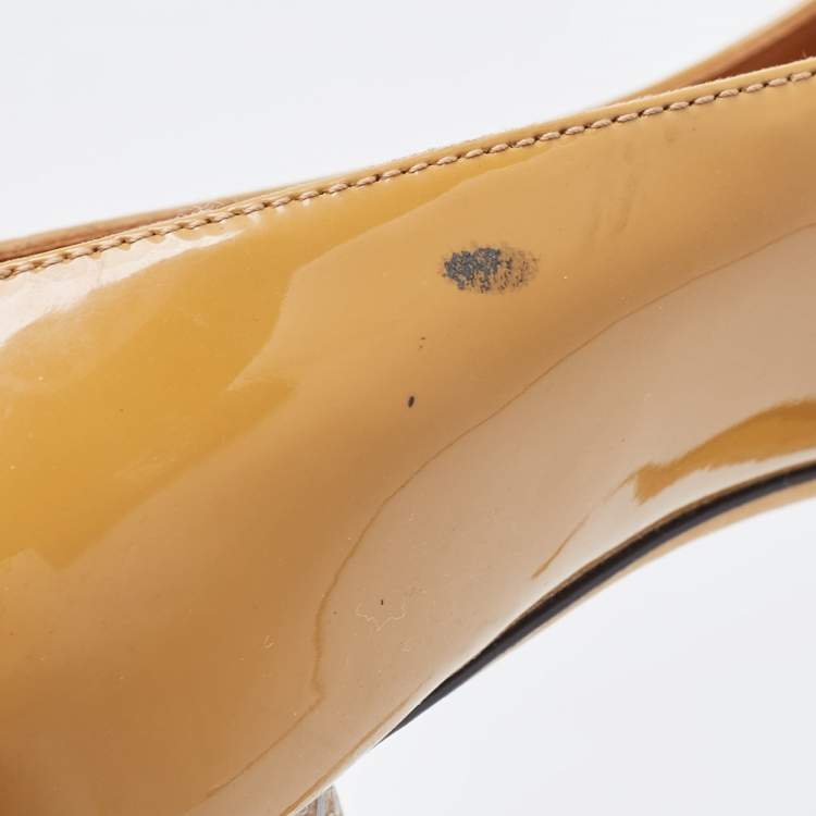 Pre Owned Fendi Beige Patent Leather Zucca Heel Peep Toe Pumps Size 37