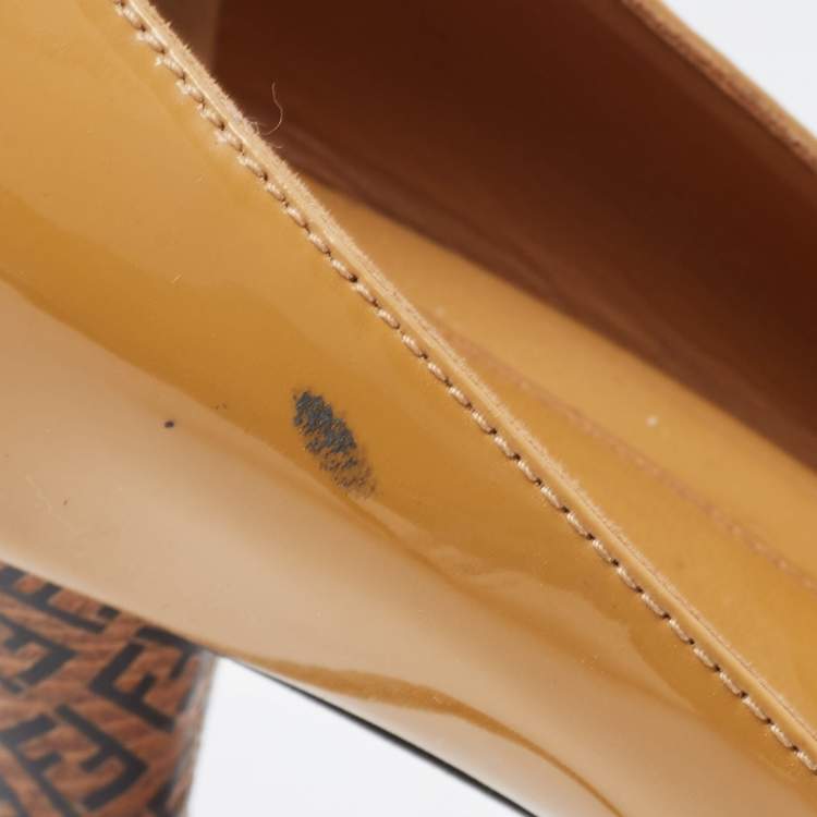 Pre Owned Fendi Beige Patent Leather Zucca Heel Peep Toe Pumps Size 37