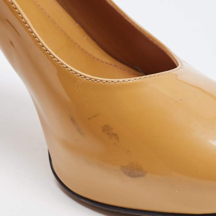 Pre Owned Fendi Beige Patent Leather Zucca Heel Peep Toe Pumps Size 37