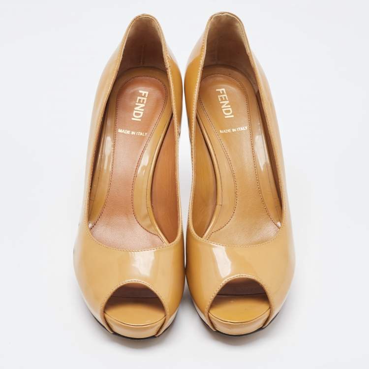 Pre Owned Fendi Beige Patent Leather Zucca Heel Peep Toe Pumps Size 37