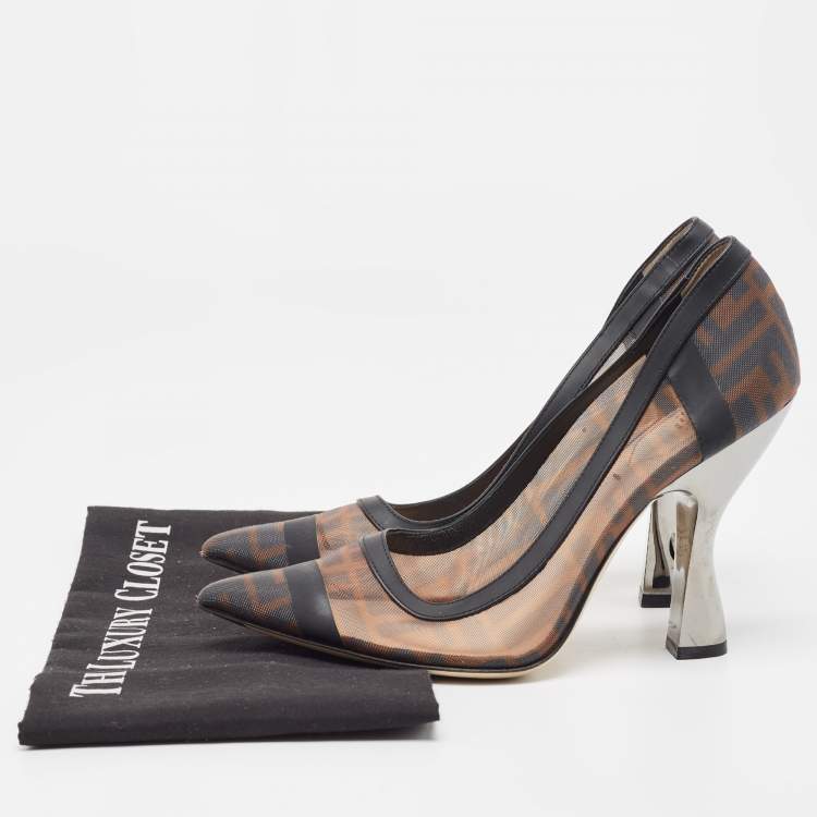 مملوكة مسبقًا Fendi Beige/Black Leather And Mesh Colibri Logo Pointed Toe Pumps Size 38