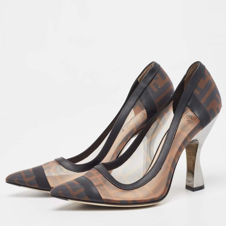 مملوكة مسبقًا Fendi Beige/Black Leather And Mesh Colibri Logo Pointed Toe Pumps Size 38