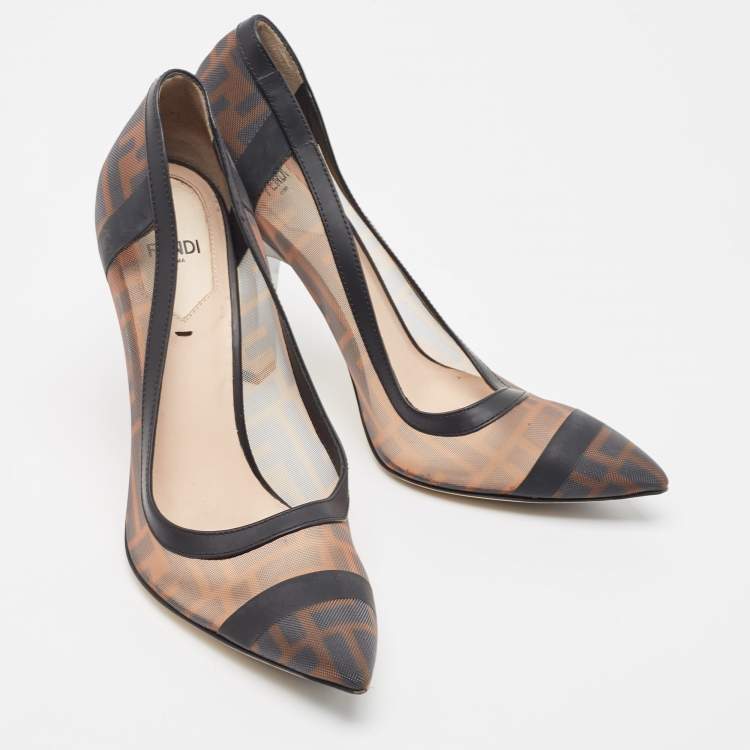 مملوكة مسبقًا Fendi Beige/Black Leather And Mesh Colibri Logo Pointed Toe Pumps Size 38