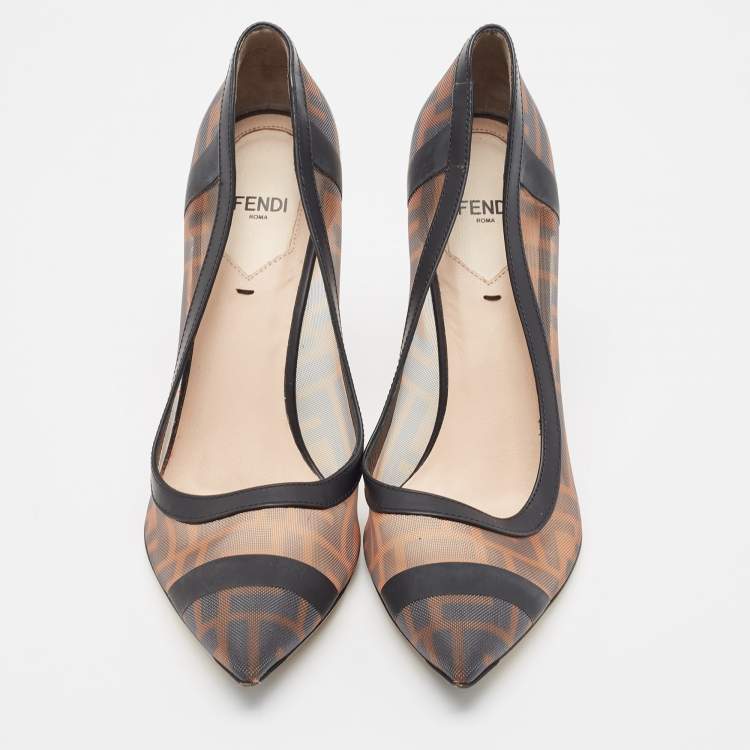 مملوكة مسبقًا Fendi Beige/Black Leather And Mesh Colibri Logo Pointed Toe Pumps Size 38