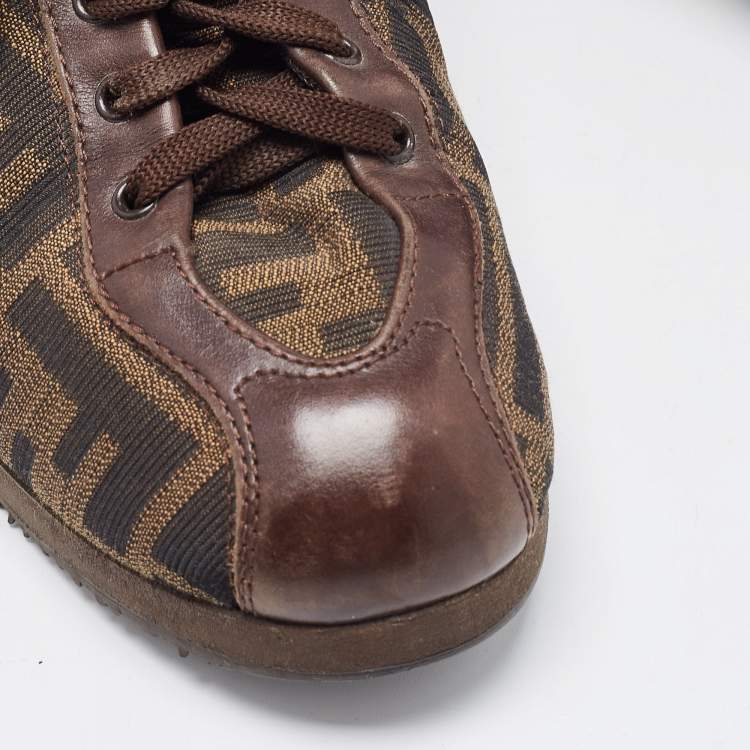 Pre Owned Fendi Brown Zucca Canvas and Leather Low Top Sneakers Size 37