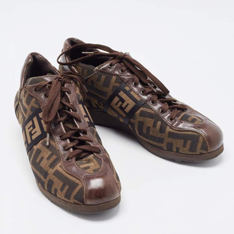 Pre Owned Fendi Brown Zucca Canvas and Leather Low Top Sneakers Size 37