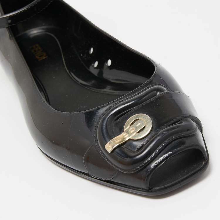 Pre Owned Fendi Black Jelly Buckle Ankle Strap Flats Size 36