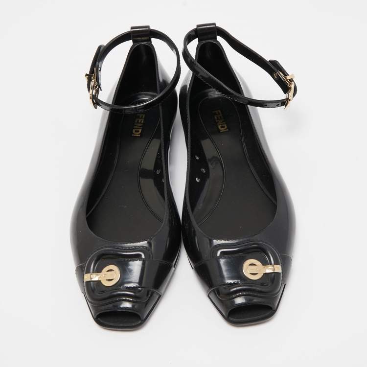 Pre Owned Fendi Black Jelly Buckle Ankle Strap Flats Size 36
