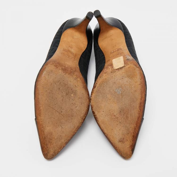Pre Owned Fendi Black Leather and Zucca Canvas Pointed Toe Pumps Size 37