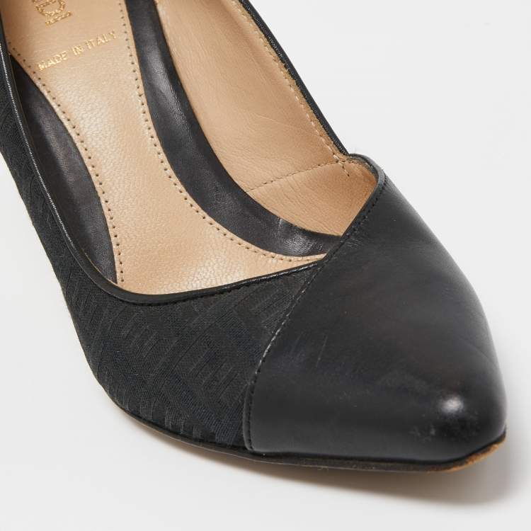 Pre Owned Fendi Black Leather and Zucca Canvas Pointed Toe Pumps Size 37