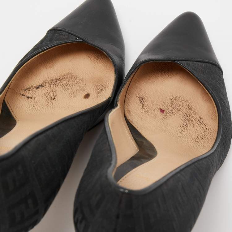 Pre Owned Fendi Black Leather and Zucca Canvas Pointed Toe Pumps Size 37