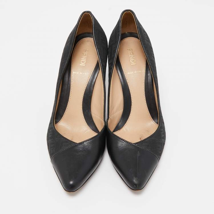 Pre Owned Fendi Black Leather and Zucca Canvas Pointed Toe Pumps Size 37
