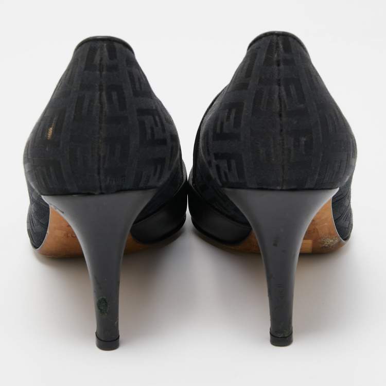 Pre Owned Fendi Black Leather and Zucca Canvas Pointed Toe Pumps Size 37