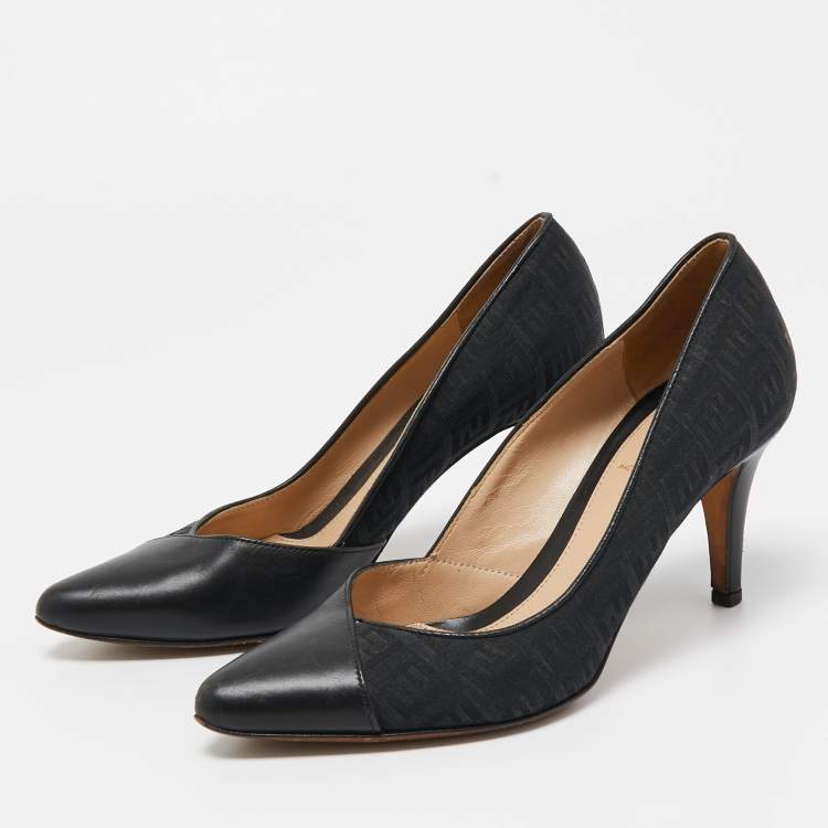 Pre Owned Fendi Black Leather and Zucca Canvas Pointed Toe Pumps Size 37