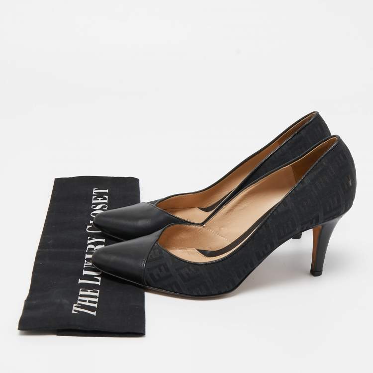 Pre Owned Fendi Black Leather and Zucca Canvas Pointed Toe Pumps Size 37