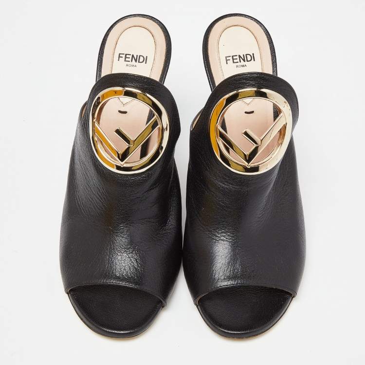 Pre Owned Fendi Black Leather Open Toe Mules Size 38