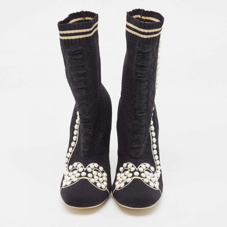 Pre Owned Fendi Black Knit Fabric Pearl Embellished Sock Ankle Boots Size 39