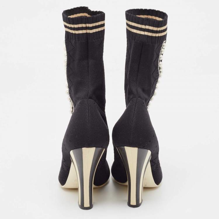 Pre Owned Fendi Black Knit Fabric Pearl Embellished Sock Ankle Boots Size 39