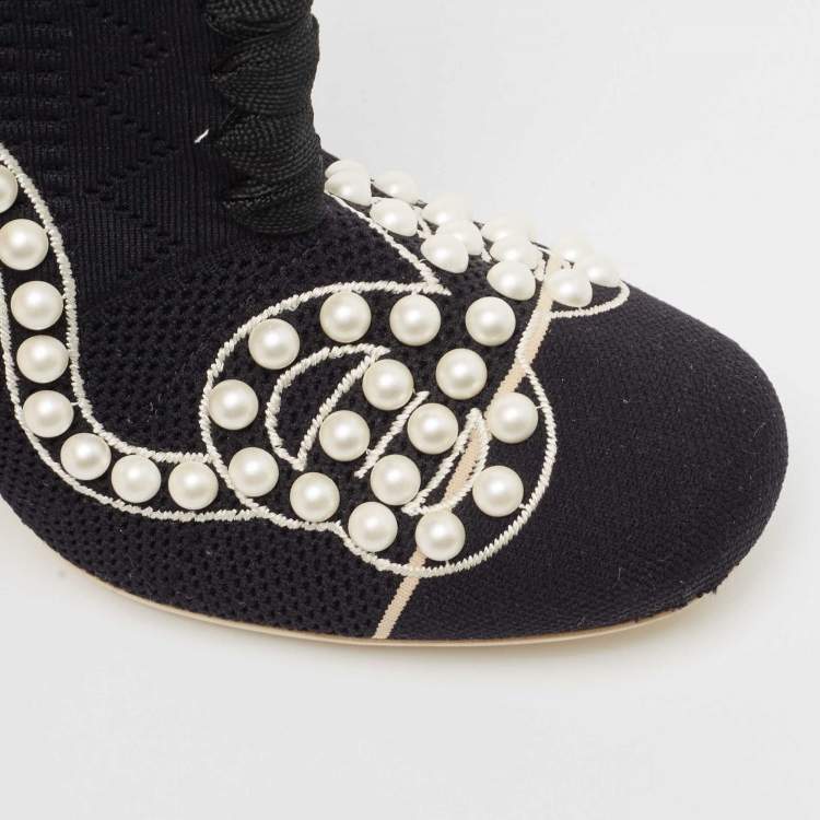 Pre Owned Fendi Black Knit Fabric Pearl Embellished Sock Ankle Boots Size 39