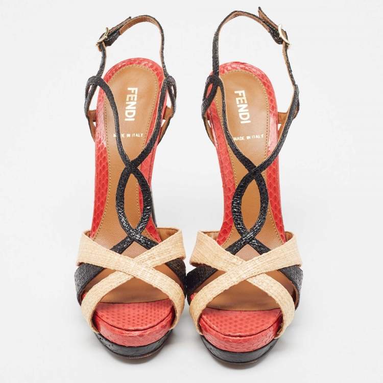 Pre Owned Fendi Tri Color Raffia and Snakeskin Strappy Slingback Platform Sandals Size 38
