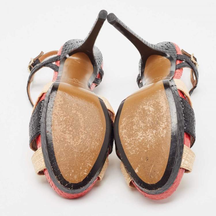 Pre Owned Fendi Tri Color Raffia and Snakeskin Strappy Slingback Platform Sandals Size 38