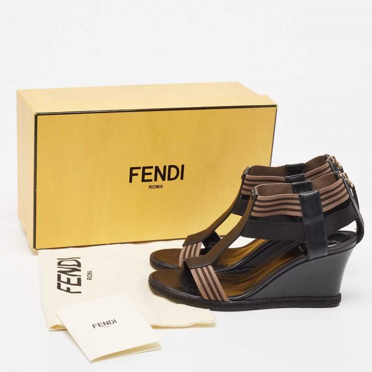 Pre Owned Fendi Black/Brown Leather and Elastic Fabric T-Strap Espadrille Wedge Sandals Size 38