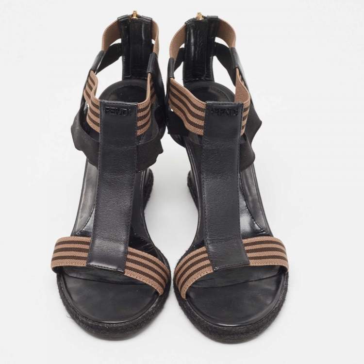Pre Owned Fendi Black/Brown Leather and Elastic Fabric T-Strap Espadrille Wedge Sandals Size 38