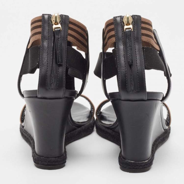 Pre Owned Fendi Black/Brown Leather and Elastic Fabric T-Strap Espadrille Wedge Sandals Size 38