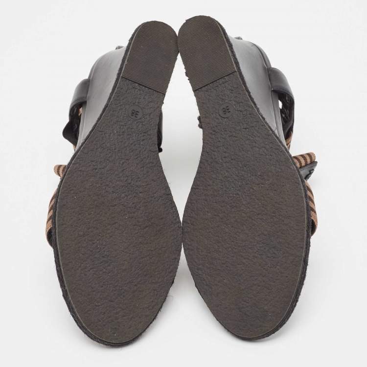 Pre Owned Fendi Black/Brown Leather and Elastic Fabric T-Strap Espadrille Wedge Sandals Size 38