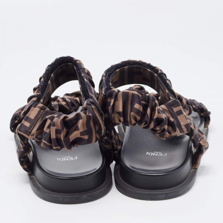 Pre Owned Fendi Brown Zucca Satin Feel Ankle Strap Sandals Size 39
