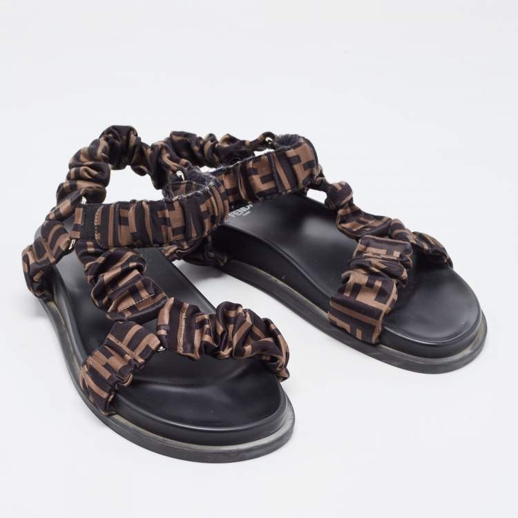 Pre Owned Fendi Brown Zucca Satin Feel Ankle Strap Sandals Size 39