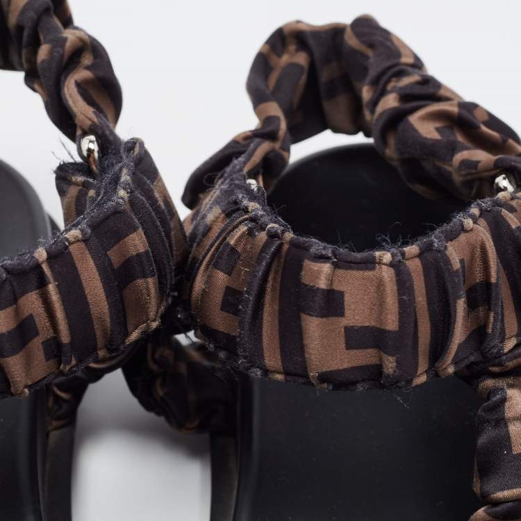 Pre Owned Fendi Brown Zucca Satin Feel Ankle Strap Sandals Size 39