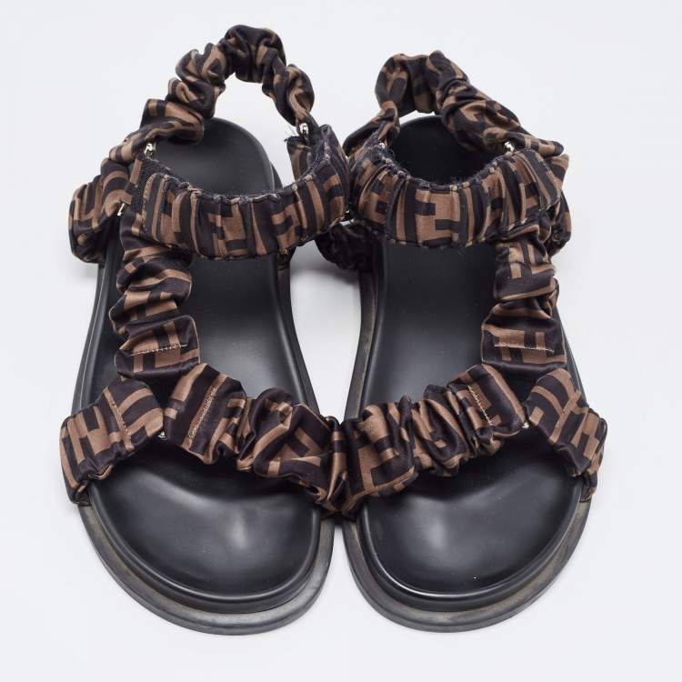 Pre Owned Fendi Brown Zucca Satin Feel Ankle Strap Sandals Size 39