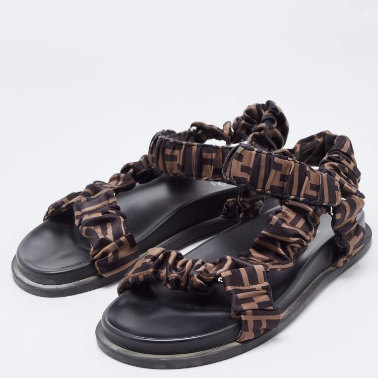 Pre Owned Fendi Brown Zucca Satin Feel Ankle Strap Sandals Size 39
