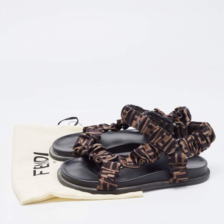 Pre Owned Fendi Brown Zucca Satin Feel Ankle Strap Sandals Size 39