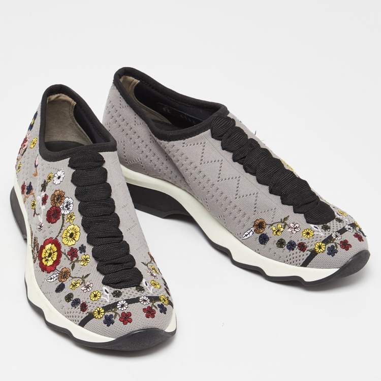 Pre Owned Fendi Grey Floral Embroidered Knit Fabric Slip On Sneakers Size 36