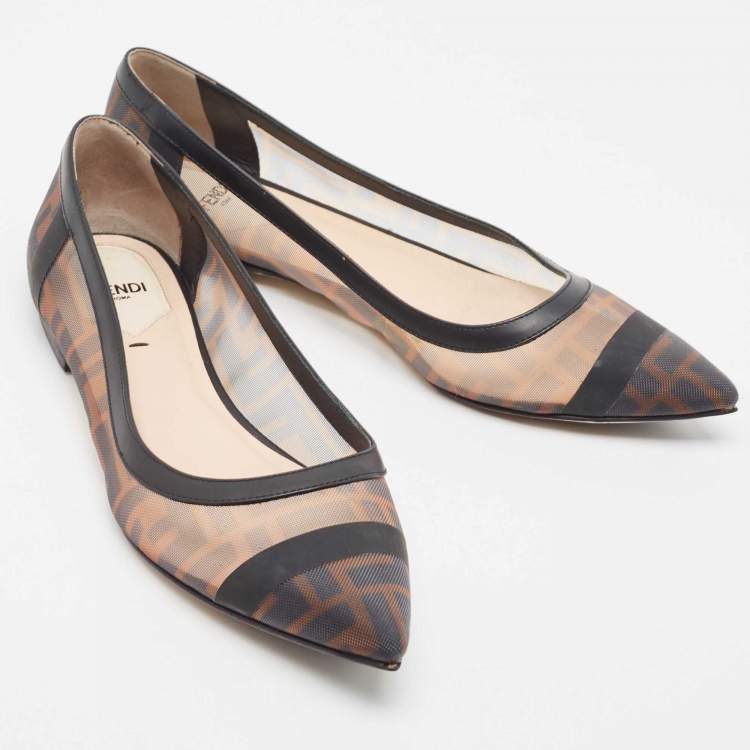 Pre Owned Fendi Beige/Brown Mesh and Leather Colibri Ballet Flats Size 38