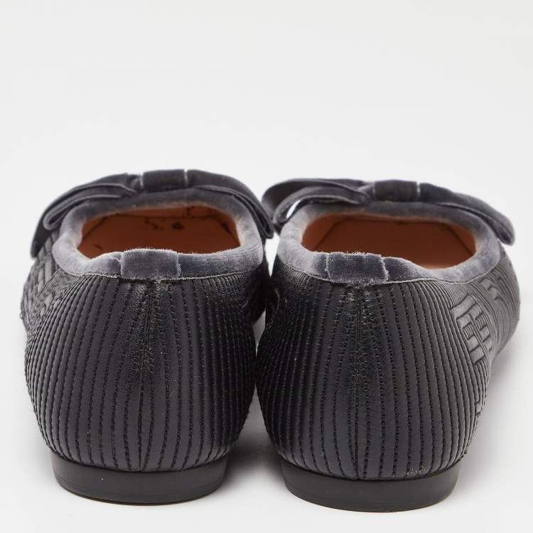 Pre Owned Fendi Black/Grey Leather and Velvet Bow Ballet Flats Size 39