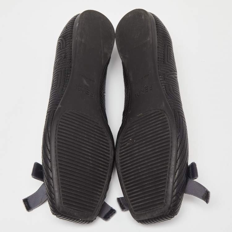 Pre Owned Fendi Black/Grey Leather and Velvet Bow Ballet Flats Size 39