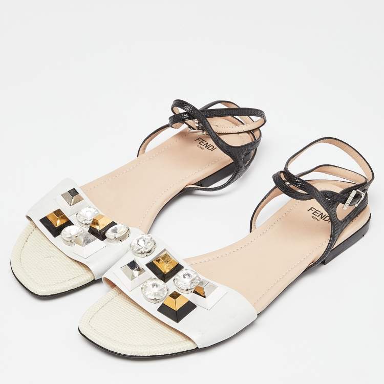 Pre Owned Fendi Tri Color Studded Leather and Lizard Embossed Flat Ankle Strap Sandals Size 39