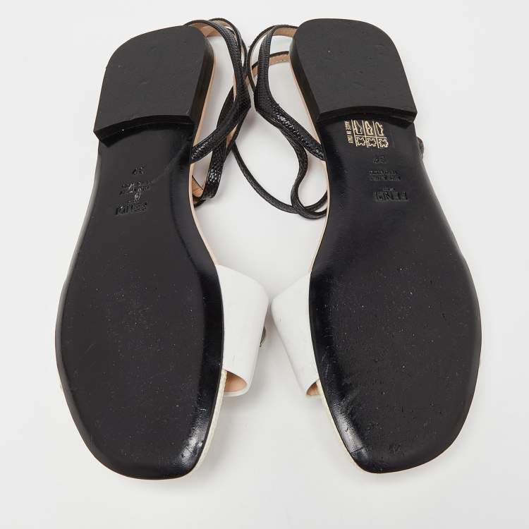Pre Owned Fendi Tri Color Studded Leather and Lizard Embossed Flat Ankle Strap Sandals Size 39