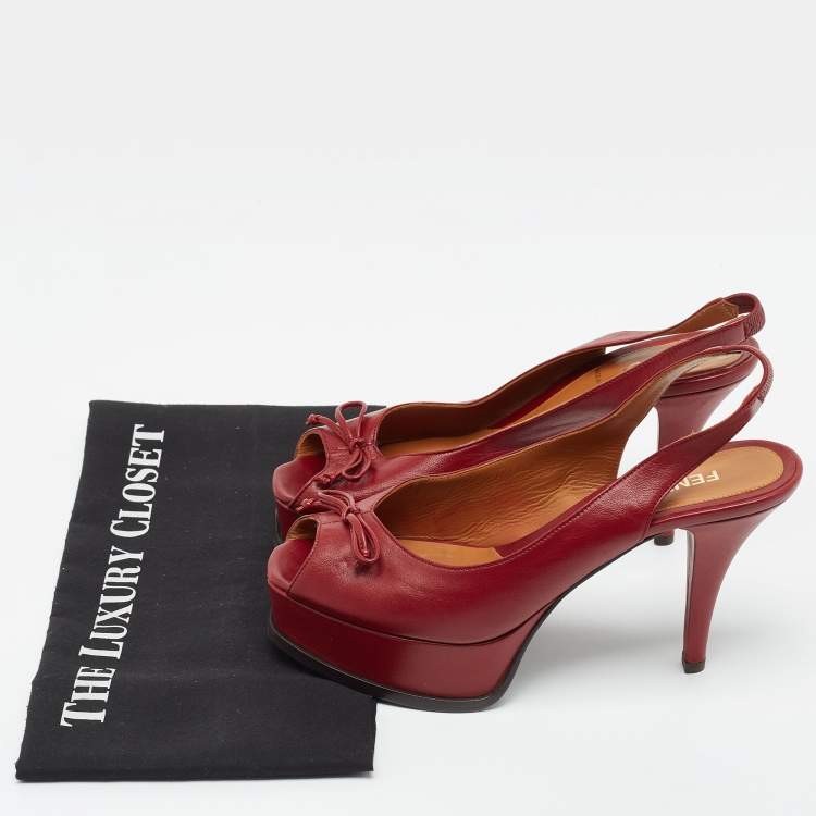 Pre Owned Fendi Burgundy Leather Bow Fendista Slingback Pumps Size 37.5