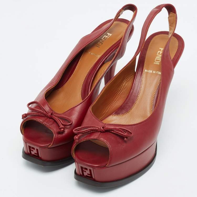 Pre Owned Fendi Burgundy Leather Bow Fendista Slingback Pumps Size 37.5