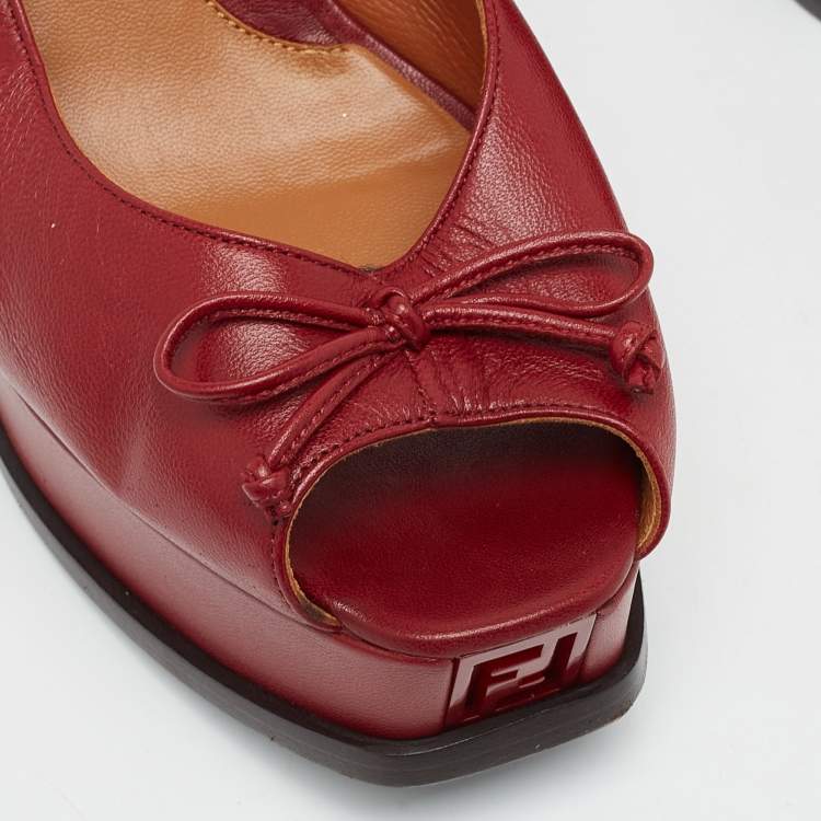 Pre Owned Fendi Burgundy Leather Bow Fendista Slingback Pumps Size 37.5