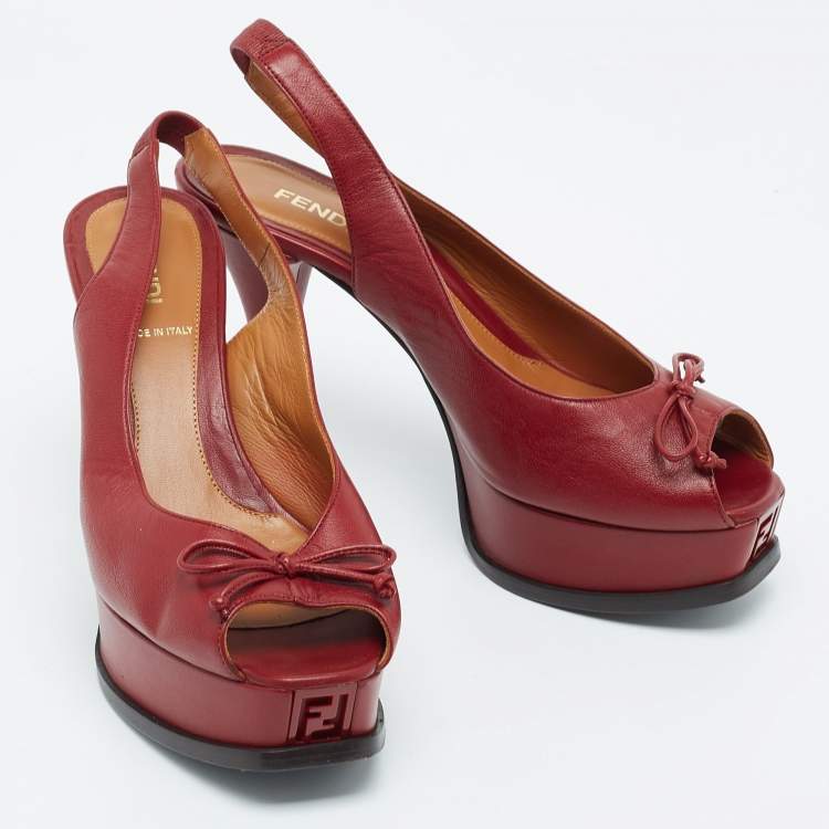 Pre Owned Fendi Burgundy Leather Bow Fendista Slingback Pumps Size 37.5