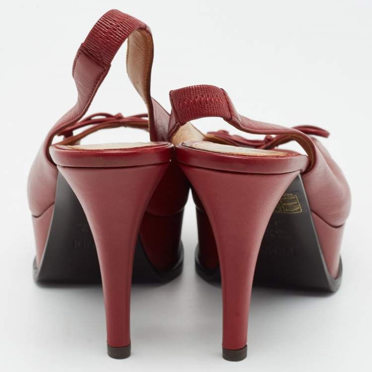 Pre Owned Fendi Burgundy Leather Bow Fendista Slingback Pumps Size 37.5