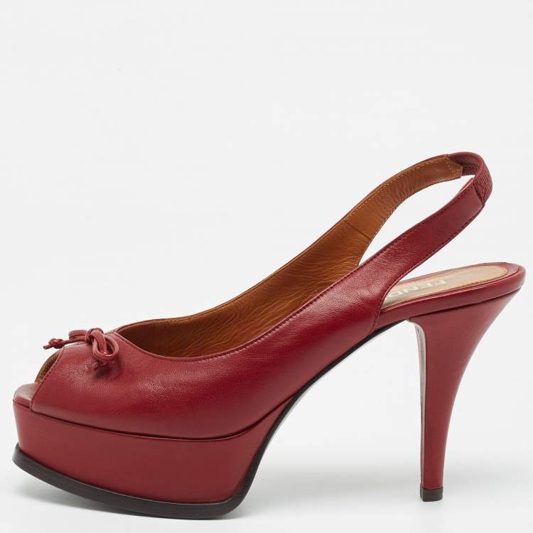 Pre Owned Fendi Burgundy Leather Bow Fendista Slingback Pumps Size 37.5
