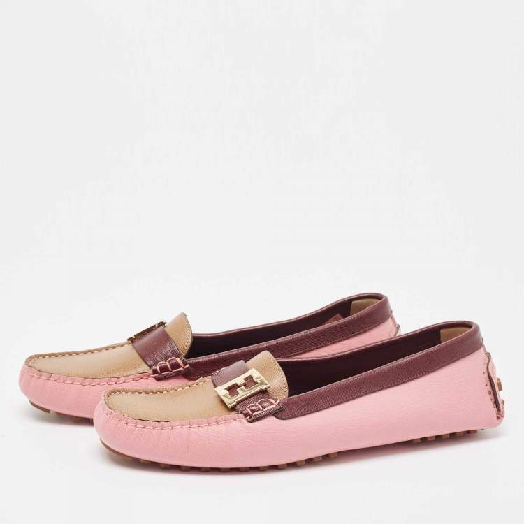 Pre Owned Fendi Tricolor Leather FF Buckle Loafers Size 41