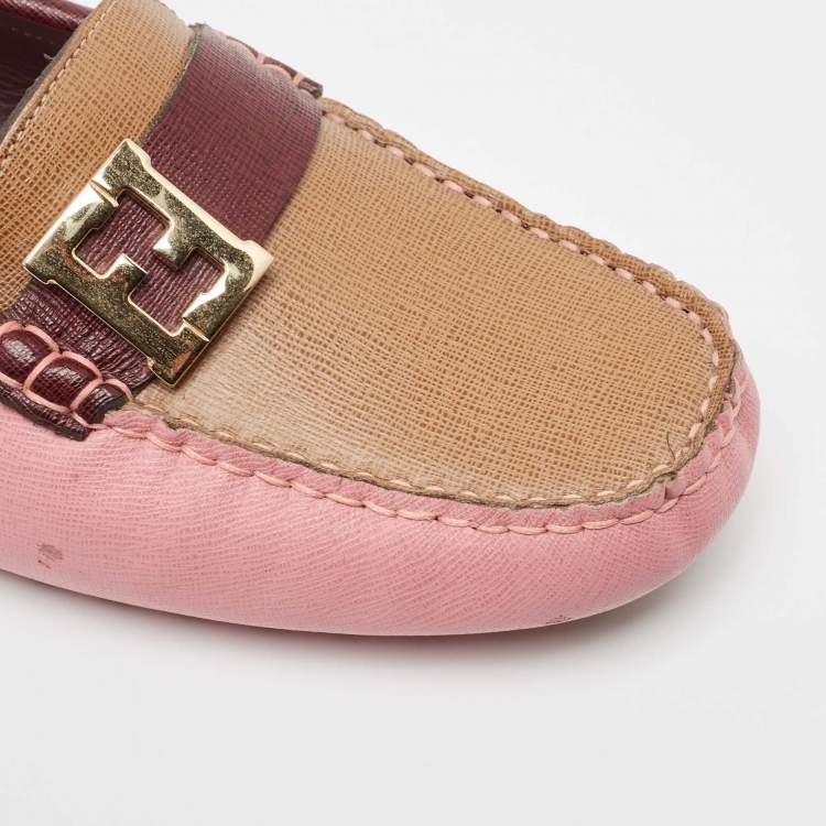 Pre Owned Fendi Tricolor Leather FF Buckle Loafers Size 41