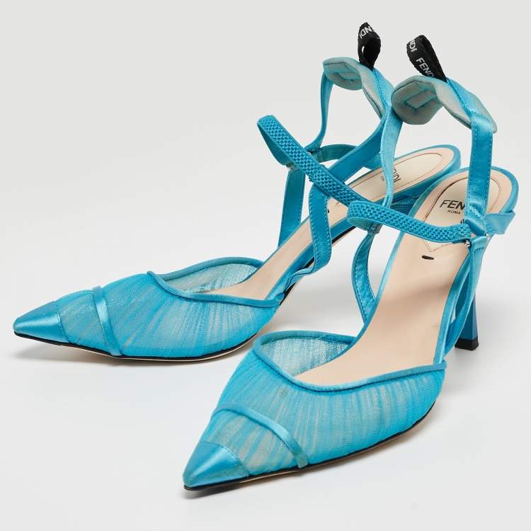 Pre Owned Fendi Blue Satin and Tulle Fabric Colibri Slingback Pumps Size 38